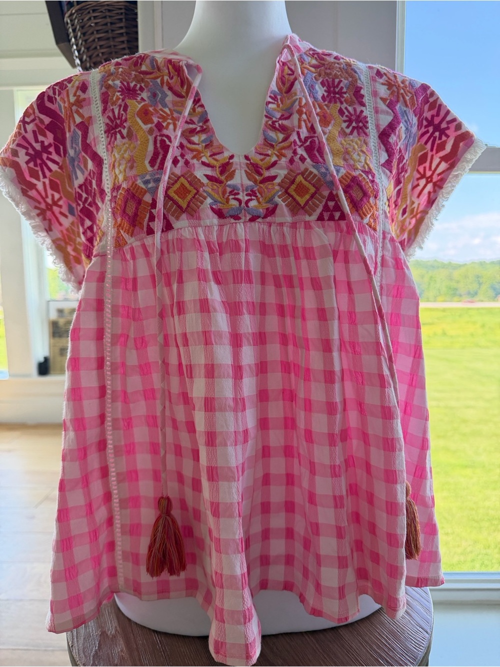 THML Pink Gingham Tunic with Multicolor Embroidered Yoke
